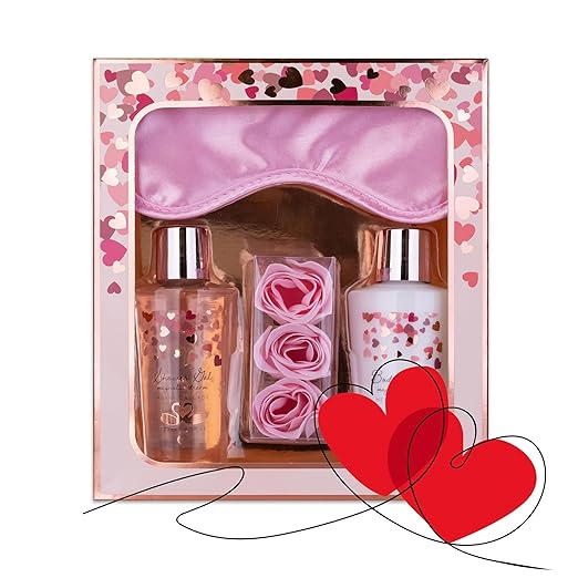 accentra Heart Cascade Women’s Gift Set, Beauty Set with Sleeping Mask, Shower Gel, Body Lotion and Rose Bath Confetti, Wellness Set for Women and Girls for Birthday and Special Occasions