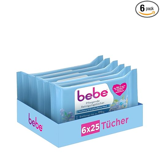 bebe Nourishing Cleansing Wipes Thoroughly Cleansing Make-Up Wipes with Coconut Water for Dry & Sensitive Skin 6 x 25 Pieces