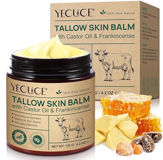 Beef Tallow Cream Organic - 100% Grass-Fed Beef Tallow with Castor Oil Frankincense Oil, Beef Tallow Cream Skin Care, Face and Body, Moisture for All Skin - 120 g