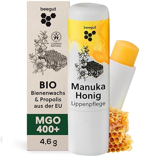 beegut Manuka Lip Balm with Manuka Honey, Propolis & Beeswax, Moisturises and Protects Intensively (Pack of 3)