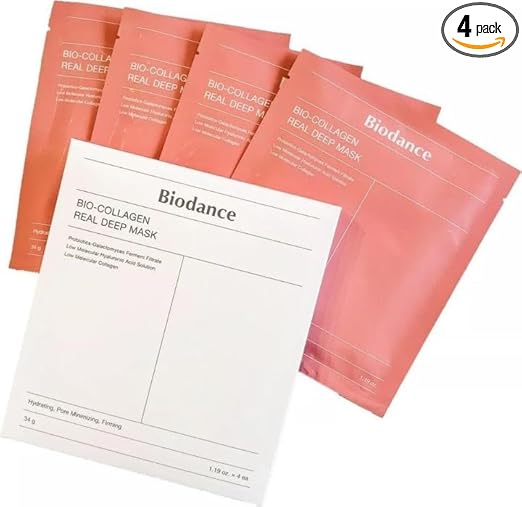Biodance Organic Collagen Deep Face Mask, Moisturising and Firming Korean Skincare with Hyaluronic Acid, Niacinamide and Galactomycetes, 4 Sheets, 34 g
