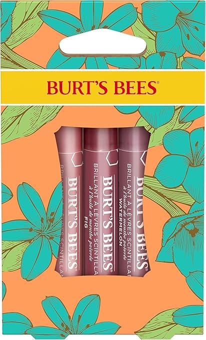 Burt's Bees 3 x 2.6g Lip Shimmer Peony Rhubarb Fig Flower Petal Kisses Lip Shimmer Gift Set