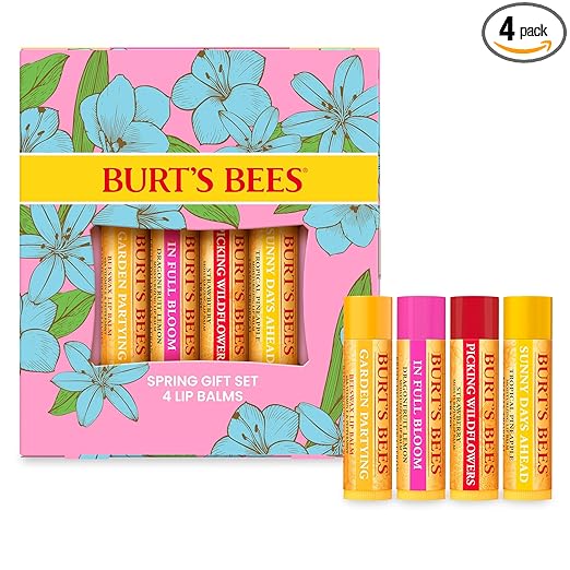 Burt's Bees Beeswax, Strawberry, Tropical Pineapple, Dragon Fruit Lemon, In Full Bloom Lip Balm Gift Set, 4 x 4.25g