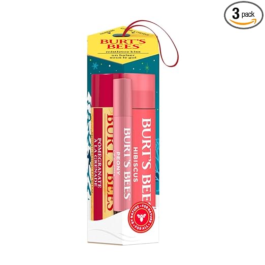 Burt's Bees Gifts for Women, Lip Care Gift Set with Pomegranate Lip Balm, Tinted Lip Balm in Hibiscus and Lip Shimmer in Peony, Mistletoe Kiss