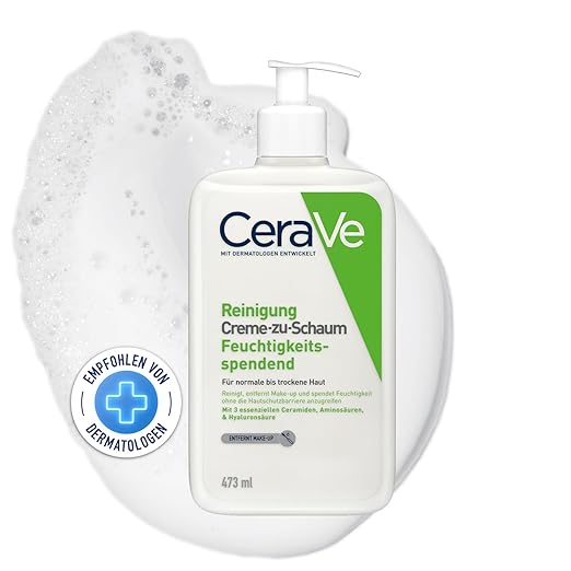CeraVe Creme-zu-Schaum Reinigung, Feuchtigkeitsspendende Reinigungscreme, Für normale bis trockene Haut, Entfernt Schmutz und Make-up, Mit Hyaluron und Ceramiden