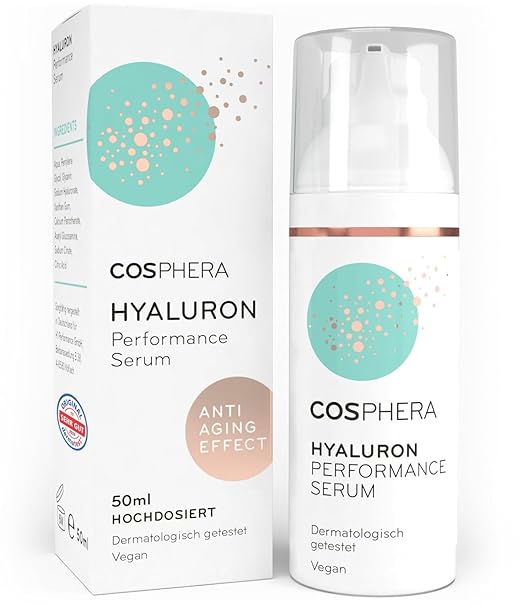 Cosphera Hyaluron Performance High Dose Vegan Anti-Wrinkle Moisturising Treatment Serum Hyaluronic Acid Concentrate Gel for Face Neck Cleavage and Eyes for Women and Men 50 ml