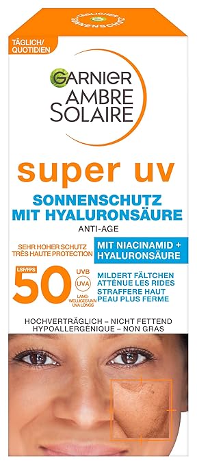 Garnier Ambre Solaire Anti-Ageing Sun Cream with SPF 50, Sun Protection with Hyaluronic and Vitamin B Against Wrinkles and Dryness, 1 x 50 ml