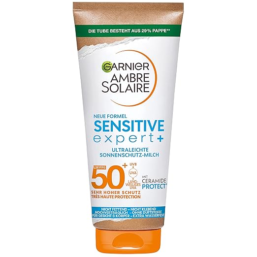 Garnier Ambre Solaire Sensitive Expert+ Sun Protection Milk with SPF 50+, Very Light and Residue-Free Sun Cream for Light and Sensitive Skin, 1 x 175 ml