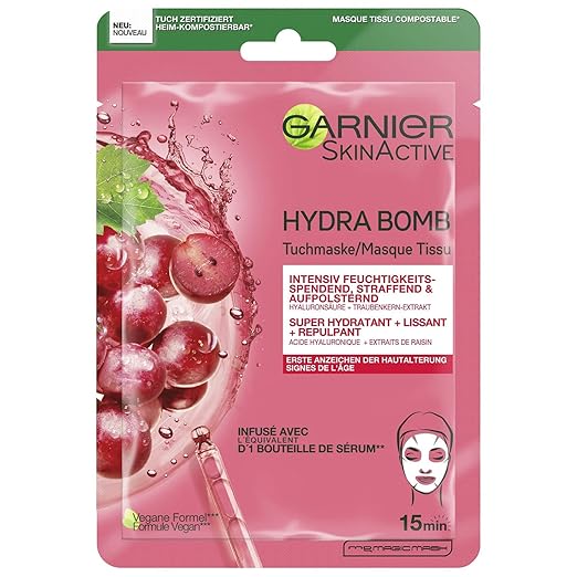 Garnier Cloth Mask, Face Mask for First Signs of Ageing, Firming, Plumping and Moisturising, with Hyaluronic Acid and Grape Seed Extract, Hydra Bomb, 28 g