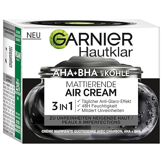 Garnier Face Cream, Mattifying Air Cream for Blemish-Prone Skin, SkinActive AHA+BHA with Charcoal 3-in-1, 50 ml