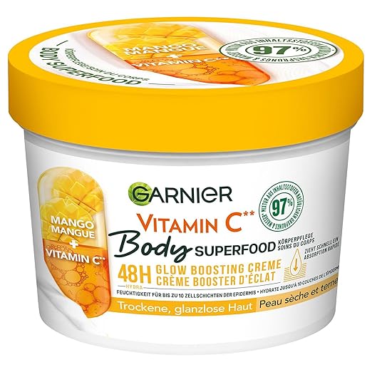 Garnier Nourishing Body Care for Pale and Dry Skin, Body Butter with Mango and Vitamin C, for up to 48 Hours of Moisture, Body Superfood, 1 x 380 ml