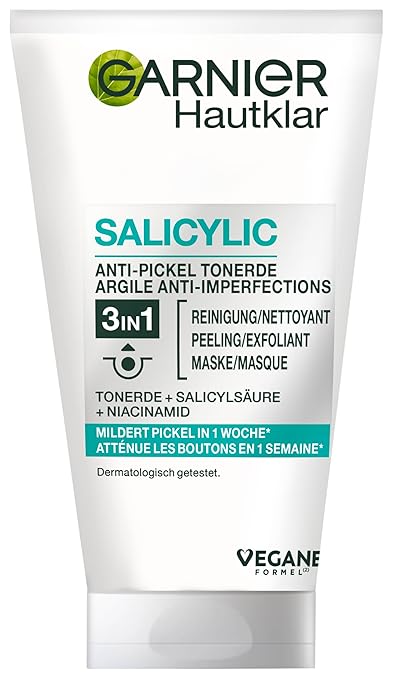 Garnier Skin Clear 3-in-1 Cleansing Scrub and Mask, Triple Effect Against Blemished Skin, Deep Cleansing with Salicylic Acid and Clay, 150 ml
