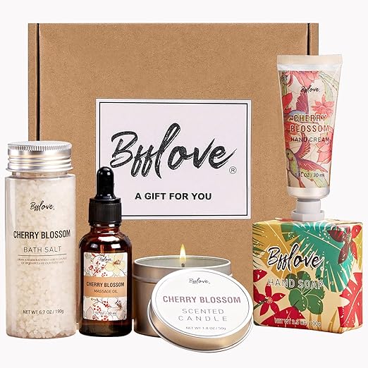 Gifts for Women, 5-piece Gift Box for Women, Cherry Blossom Birthday Gift Sets, Spa Sets, Bath Salt, Hand Cream, Soap, Massage Oil And Scented Candle. Wellness set for women, Mother's Day gift