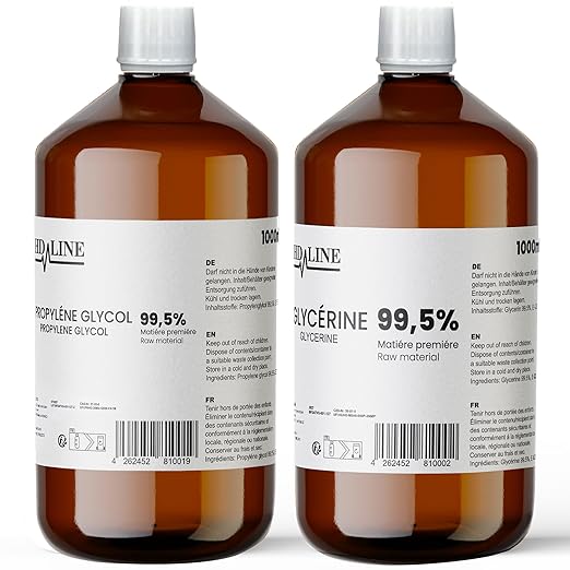 hd-line 1000 ml Glycerol E422 + 1000 ml Propylene Glycol E1520, Perfect for DIY, Pharmaceutical Grade Purity, Food Grade, Raw Material VG + PG, Pure, Vegan, Ph. Eur/USP