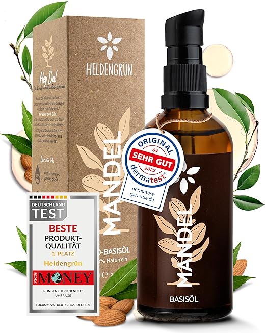 Heldengrün® Organic Almond Oil [100% Natural] - Dermatologically Tested - Baby Almond Oil - Gentle Care for Dry & Sensitive Skin - Almond Oil Cold Pressed