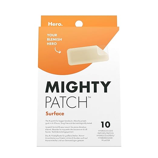 Hero Cosmetics Mighty Patch Surface Pimple Patches XL Hydrocolloid Patches Acne Treatment Day & Night 10 Large Patches for Face & Body