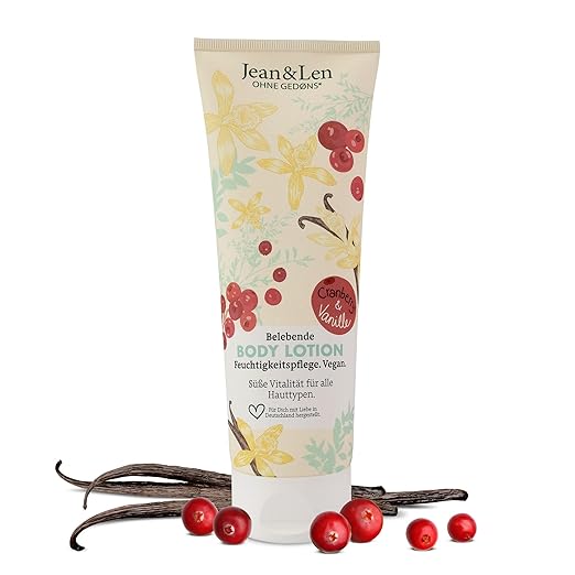 Jean & Len Body Lotion Cranberry & Vanilla, Light Texture, Absorbs Quickly, Suitable for All Skin Types, pH Skin Ideal Formulation, Skin Cream, Parabens & Silicones, Vegan, 250 ml