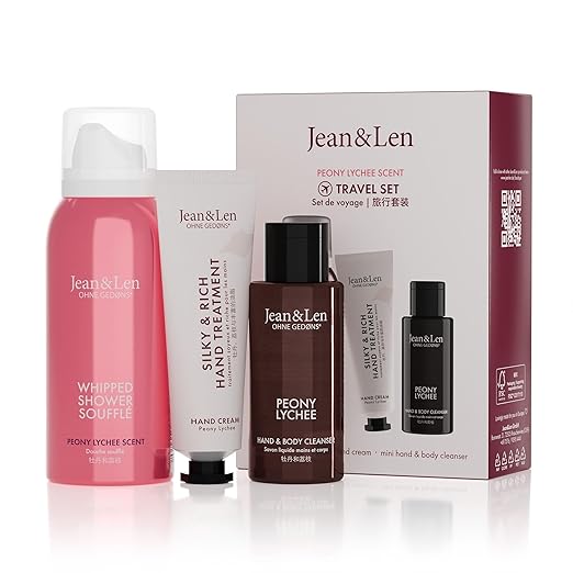 Jean & Len Travel Set Peony & Lychee, Ideal Small Gift or Souvenir, Products for Body and Mind, Packaging is FSC Certified, Small Travel Sizes, Vegan Gift Set