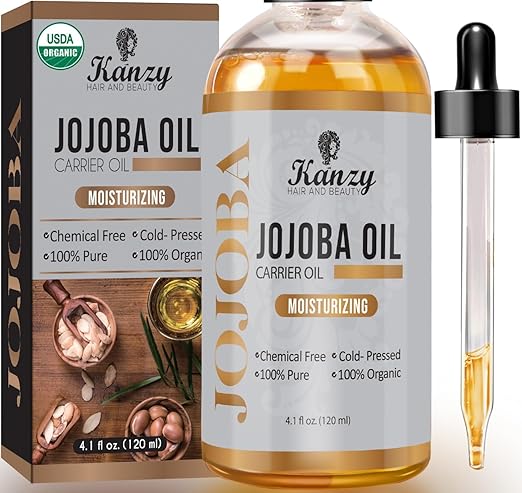 Kanzy 100% Organic Jojoba Oil for Hair, Skin, Face, Cold Pressed Hexane-free Oil, Natural Massage Oil for Hair, Intensive Body Care Oil for Cosmetics and Dry Skin - 120 ml 120 ml
