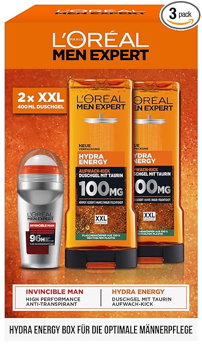 L'Oréal Men Expert Care Set for Men, Gift Set with XXL Shower Gel and Roll-On, Gifts for Men Including Bodywash and Deodorant Roll-On, Hydra Energy, Heat Protect, 2 x 400 ml, 1 x 50 ml