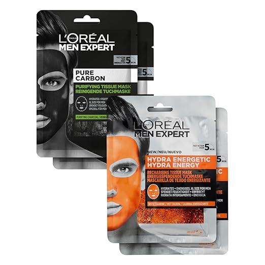 L'Oréal Men Expert Cloth Masks Set of 4 for Men, Moisturising Face Masks Against Blackheads and Pimples Impurities, Face Care Gift Set for Men, Hydra Energy Pure Carbon, 4 x 30 g