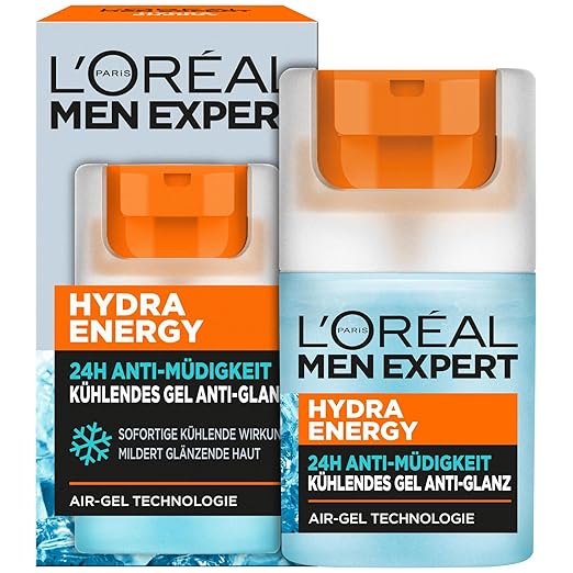 L'Oréal Men Expert Cooling Anti-Shine Face Care for Men, Mattifying and Refreshing Gel, 24H Anti-Fatigue, Face Cream for Men with Sea Spring Water, Hydra Energy, 1 x 50 ml