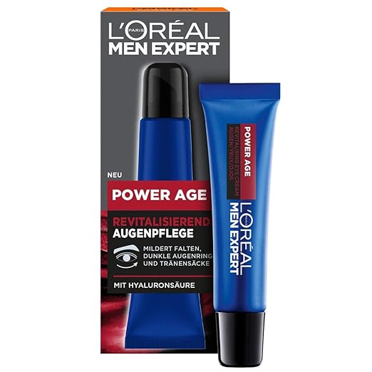 L'Oréal Men Expert Eye Cream for Wrinkles for Men, Anti-Ageing Eye Care for Tired and Matte Skin, Men's Moisturiser with Hyaluronic Acid, Power Age, 1 x 15 ml