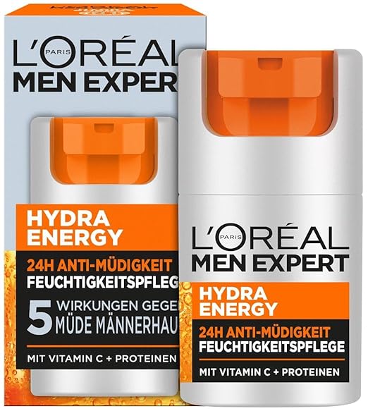 L'Oréal Men Expert Face Care for Tired Skin for Men, Invigorating Moisturising Cream 24H Anti-Fatigue, Face Cream for Men with Vitamin C and Proteins, Hydra Energy, 1 x 50 ml