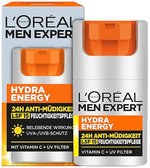 L'Oréal Men Expert Face Care with SPF 15 for Men, Invigorating Moisturising Cream 24H Anti-Fatigue with Sun Protection, Face Cream for Men with Vitamin C and Proteins, Hydra Energy, 1 x 50 ml