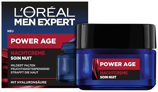 L'Oréal Men Expert Night Cream for Wrinkles for Men, Anti-Ageing Moisturiser for the Face Against Tired and Matte Skin, Face Cream for Men with Hyaluronic Acid, Power Age, 1 x 50 ml