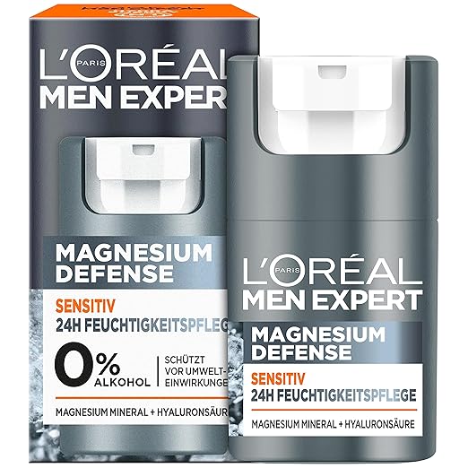 L'Oréal Men Expert Sensitive Face Care for Men, Soothing Moisturising Cream for Sensitive Skin, Face Cream for Men with Magnesium and Hyaluronic Acid, Magnesium Defense, 1 x 50 ml