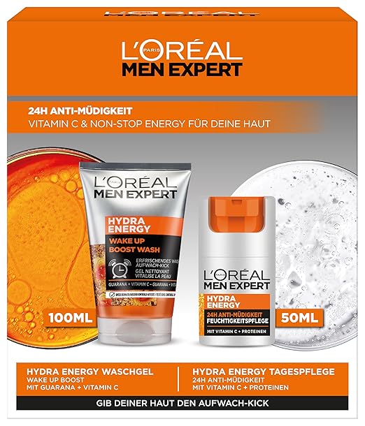 L'Oréal Men Expert Tired Skin Care Set for Men, Gift Set with Wash Gel and Face Cream 24H Anti-Fatigue, Gifts for Men with Vitamin C, Hydra Energy, 1 x 100 ml, 1 x 50 ml