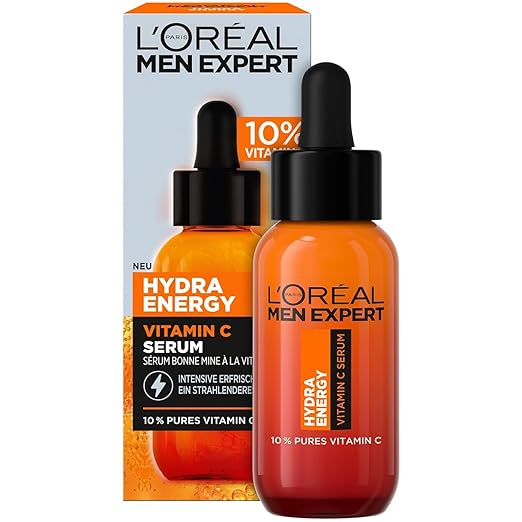L'Oréal Men Expert Vitamin C Serum for Tired Skin for Men, Moisturiser for a Radiant Look, Men's Face Serum High Dose with 10% Pure Vitamin C, Hydra Energy, 1 x 30 ml
