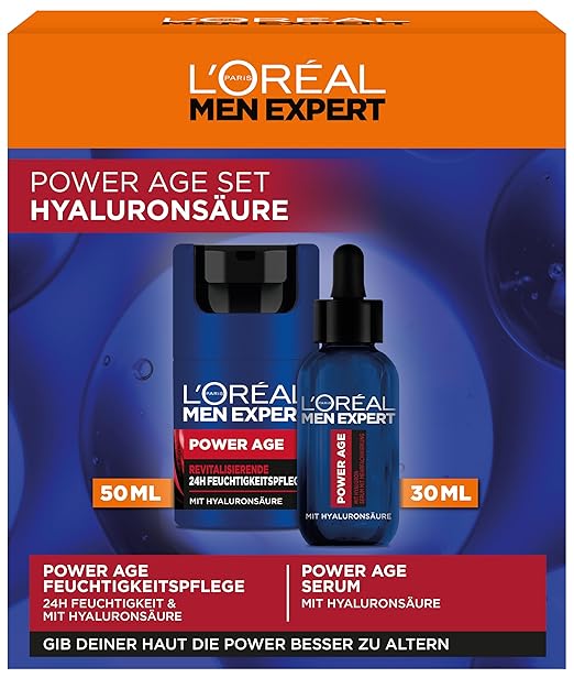 L'Oréal Men Expert Wrinkle Care Set for Men, Gift Set with Anti-Ageing Face Cream and Serum Against Matte Skin, Gifts for Men with Hyaluronic Acid, Power Age, 1 x 50 ml, 1 x 30 ml