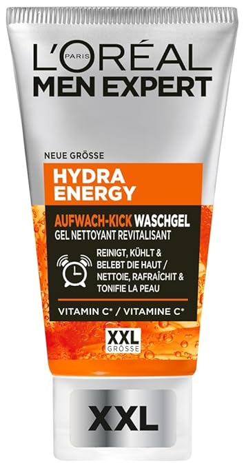 L'Oréal Men Expert XXL Face Cleansing Against Tired Skin for Men, Refreshing Wash Gel Against Impurities, Men's Cleanser for the Face with Guarana and Vitamin C, Hydra Energy, 1 x 150 ml