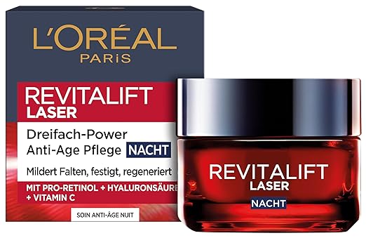 L'Oréal Paris Anti-Ageing Night Cream with Triple Power for Women: Reduces Wrinkles & Tightens the Skin, with Pro-Retinol, Hyaluronic Acid and Vitamin C, RevitaLift Laser, 1 x 50 ml