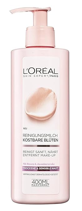 L'Oréal Paris Cleansing milk for women: gently removes make-up and gives a soft skin feeling with rose and jasmine extracts, precious flowers, 1 x 400 ml