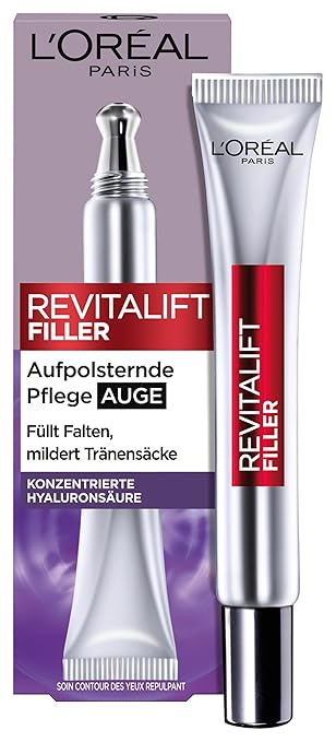 L'Oréal Paris Hyaluron Eye Care, Revitalift Filler, Anti-Ageing Eye Cream, Revolutionary Double Applicator Tip, with Hyaluronic Acid, 15 ml