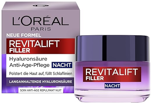 L'Oréal Paris Hyaluron Nachtcreme, Anti-Aging Gesichtspflege mit Micro-Filler Hyaluronsäure für Feuchtigkeit und Anti Falten Effekt, Revitalift Filler, 1 x 50 ml