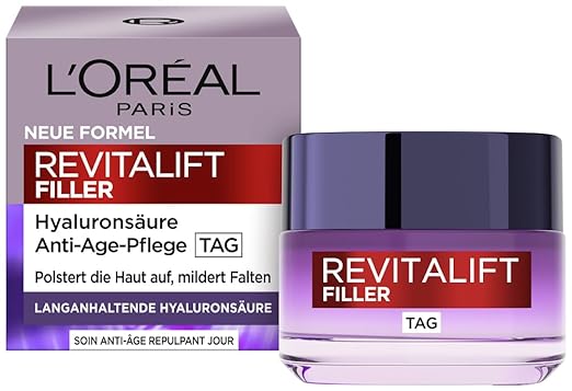 L'Oréal Paris Hyaluronic Day Cream, Anti-Ageing Face Care with Micro-Filler, Hyaluronic Acid for Moisture and Anti-Wrinkle Effect, Revitalift Filler, 1 x 50 ml