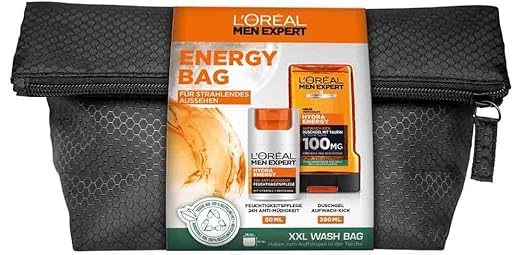 L'Oréal Paris Men Expert Gift Set for Men, with Moisturiser and Shower Gel, for Face, Body and Hair, Hydra Energy Care Set, 1 x 50 ml, 1 x 250 ml