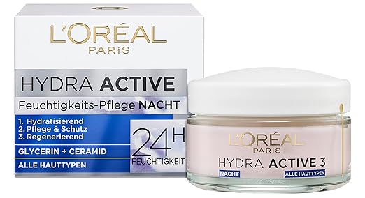 L'Oréal Paris Night Cream for the Face, Anti-Ageing Moisturiser with Omega 3 and 6, Moisturising Face Cream for the Night, Hydra Active 3, 1 x 50 ml