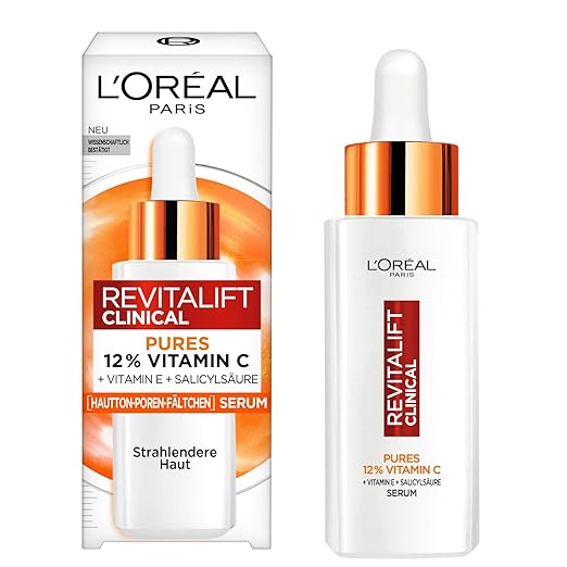 L'Oréal Paris Pure 12% Vitamin C Serum for Women: Improved Skin Complexion with 12% Pure Vitamin C + Vitamin E + Salicylic Acid, Revitalift Clinical, 1 x 30 ml