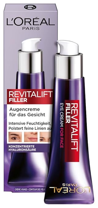 L'Oréal Paris Revitalift Filler Hyaluronic Acid Anti-Ageing Eye Cream for Face, Anti-Wrinkle and Volume, with Hyaluronic Acid, Vitamin CG & E, 30 ml