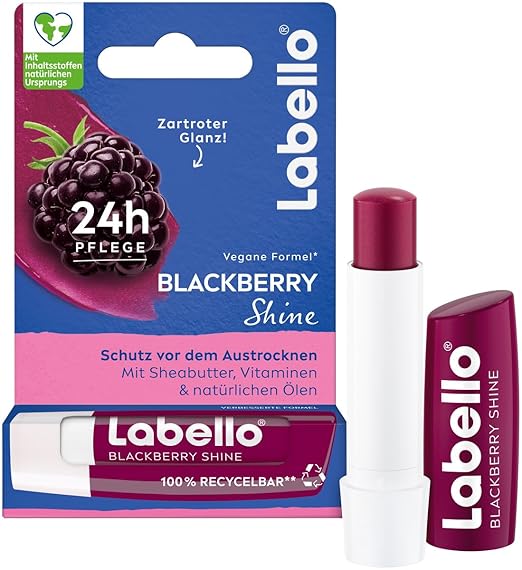 Labello Blackberry Shine Lip Balm with Soft Red Shine for 24 Hours Moisturising Lip Balm with Shea Butter and Blackberry Aroma (4.8 g)
