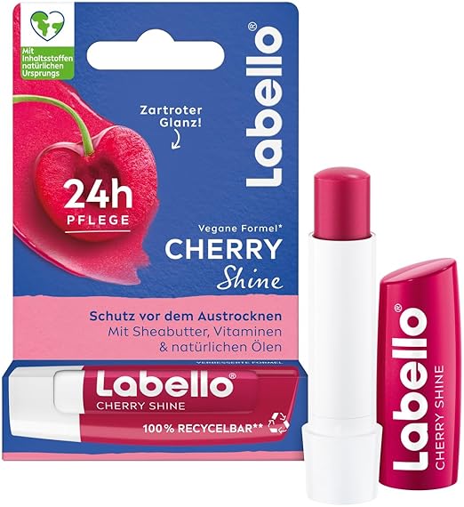 Labello Cherry Shine Lip Balm, Lip Care with Soft Red Shine for 24 Hours Moisturising, Nourishing Lip Balm with Shea Butter and Cherry Aroma (4.8 g)