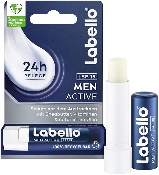 Labello Men Active Lip Balm with SPF 15, Highly Effective Lip Care for Men with Shea Butter, Vitamins and Natural Oils, Lip Balm for 24-Hour Moisture (4.8 g)
