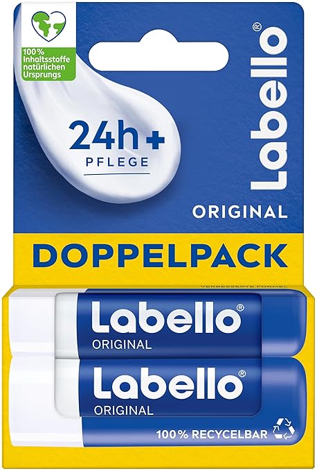 Labello Original Lip Balm Double Pack, Highly Effective Lip Care with Shea Butter, Vitamins and Natural Oils, Lip Balm for More than 24 Hours of Moisture (2 x 4.8 g)