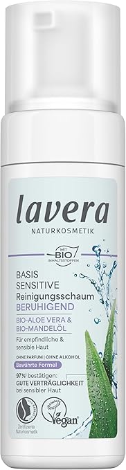 lavera Basis Sensitiv Cleansing Foam, Natural Cosmetics, Vegan, Organic Aloe Vera and Organic Almond Oil, Facial Cleansing, Natural Cleansing Formula, 1 x 150 ml