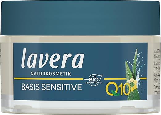 lavera Basis Sensitiv Q10 Anti-Wrinkle Night Cream, Hydration, Care, Anti-Ageing, Night Care, Nourishes and Tightens Skin, Vegan, Organic, Natural Cosmetics, Face Cream, with Jojoba (1 x 50 ml)